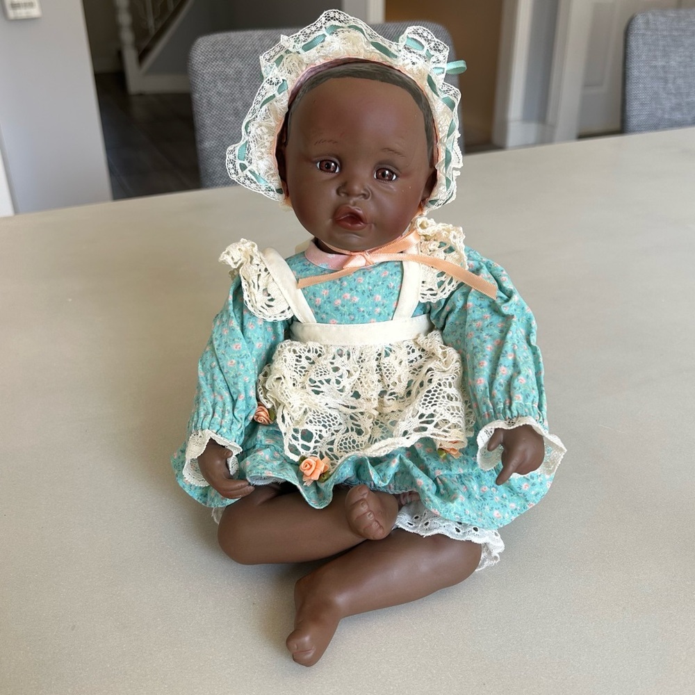 Beautiful Vintage Ashton and Drake Porcelain Doll with Teal and Cream Dress